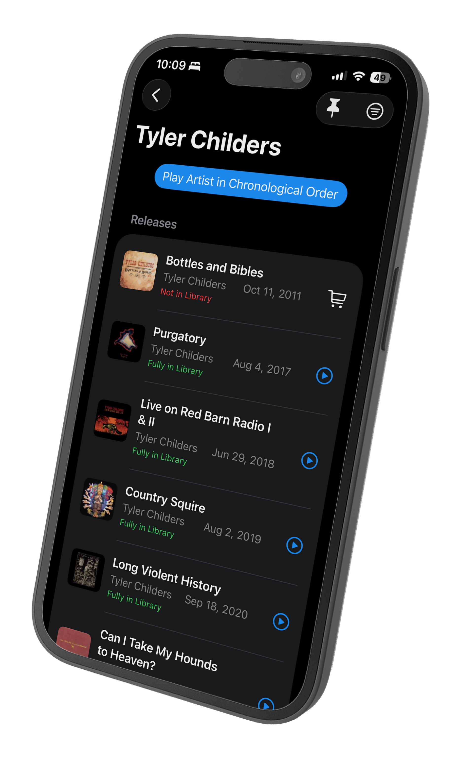 Discography artist view showing albums and release timeline